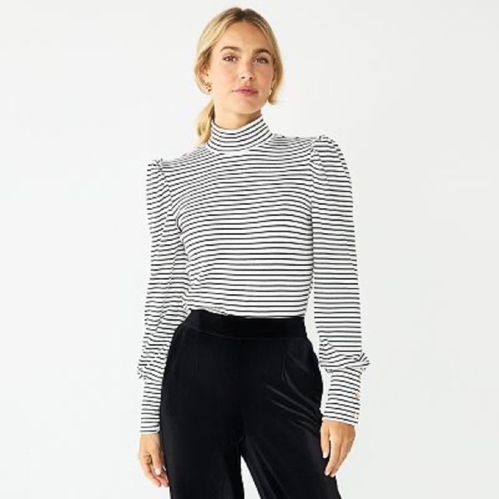 Draper‎ James RSVP New Size L Mockneck Long Sleeve White and Black Stripe Top